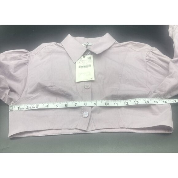 Zara Voluminous Purple Poplin Shirt Button Front Crop Puffy Sleeve Top Sz S NEW - Picture 8 of 9